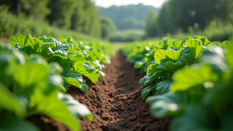 Eye-level view of a lush vegetable garden with rows of green plants