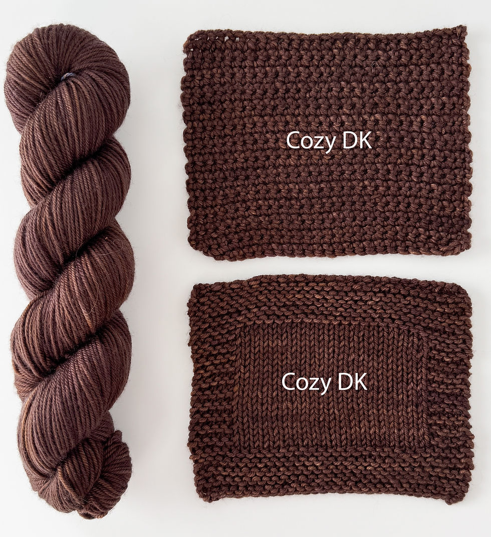 Thumbnail: Cozy DK brown yarn with knit and crochet swatches showcasing the yarn's texture and color.