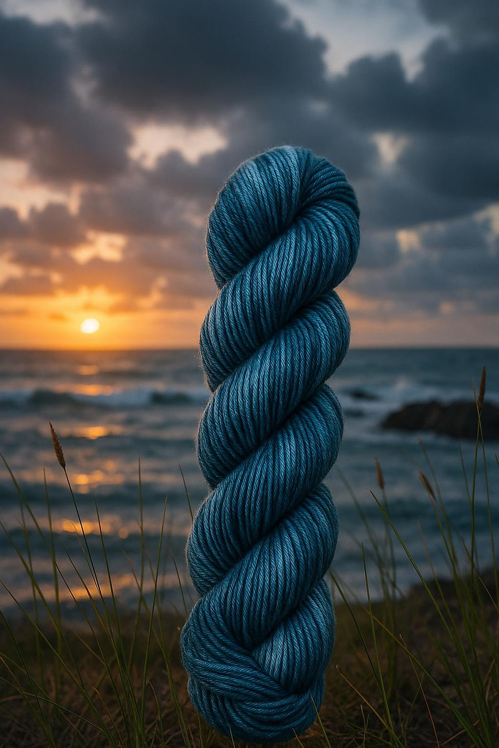 Thumbnail: Blue variegated yarn with a sunset background