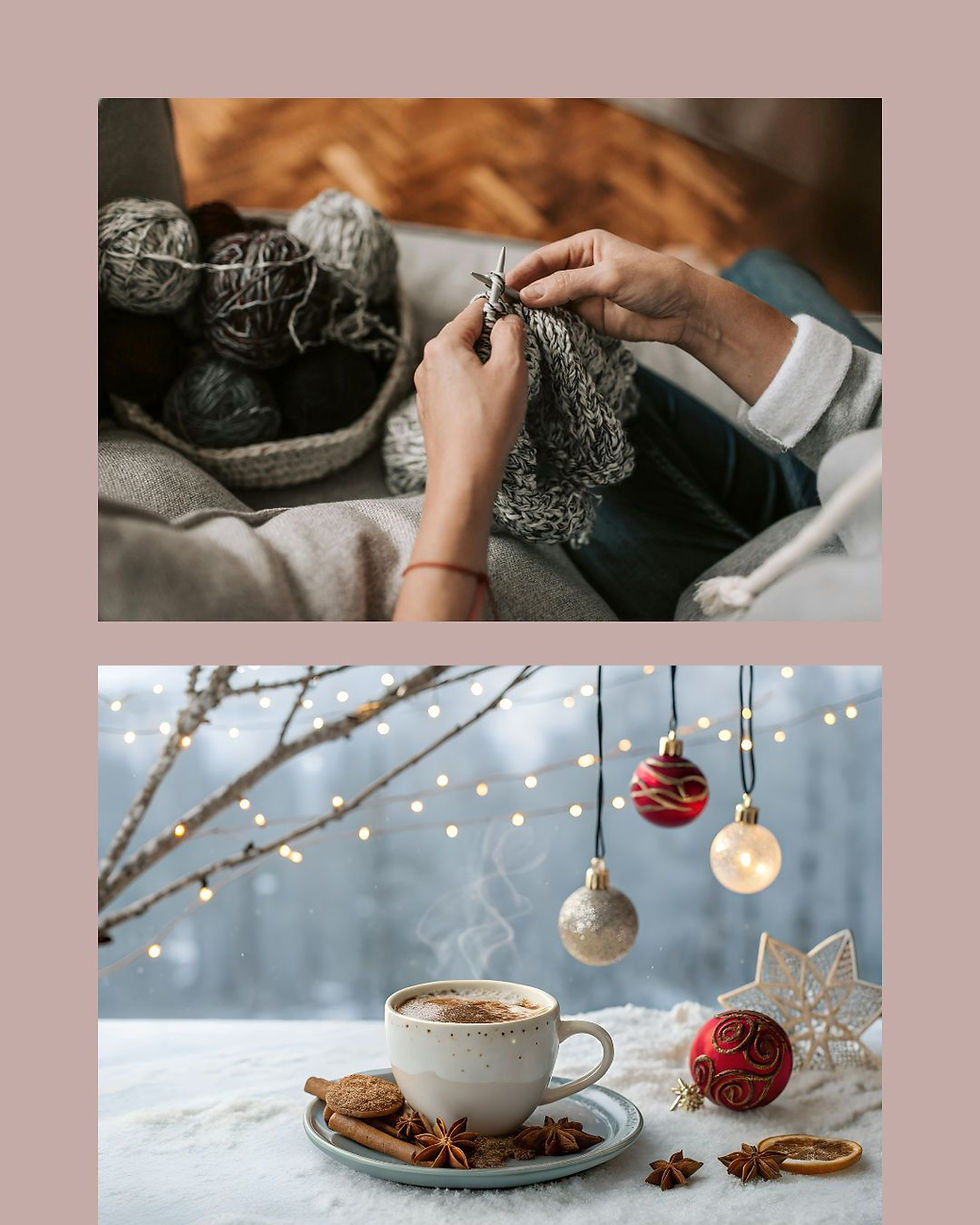 Hands knitting with gray yarn in a cozy setting. Below, a cup of coffee, cookies, and spices on snowy table with holiday decor and lights.
