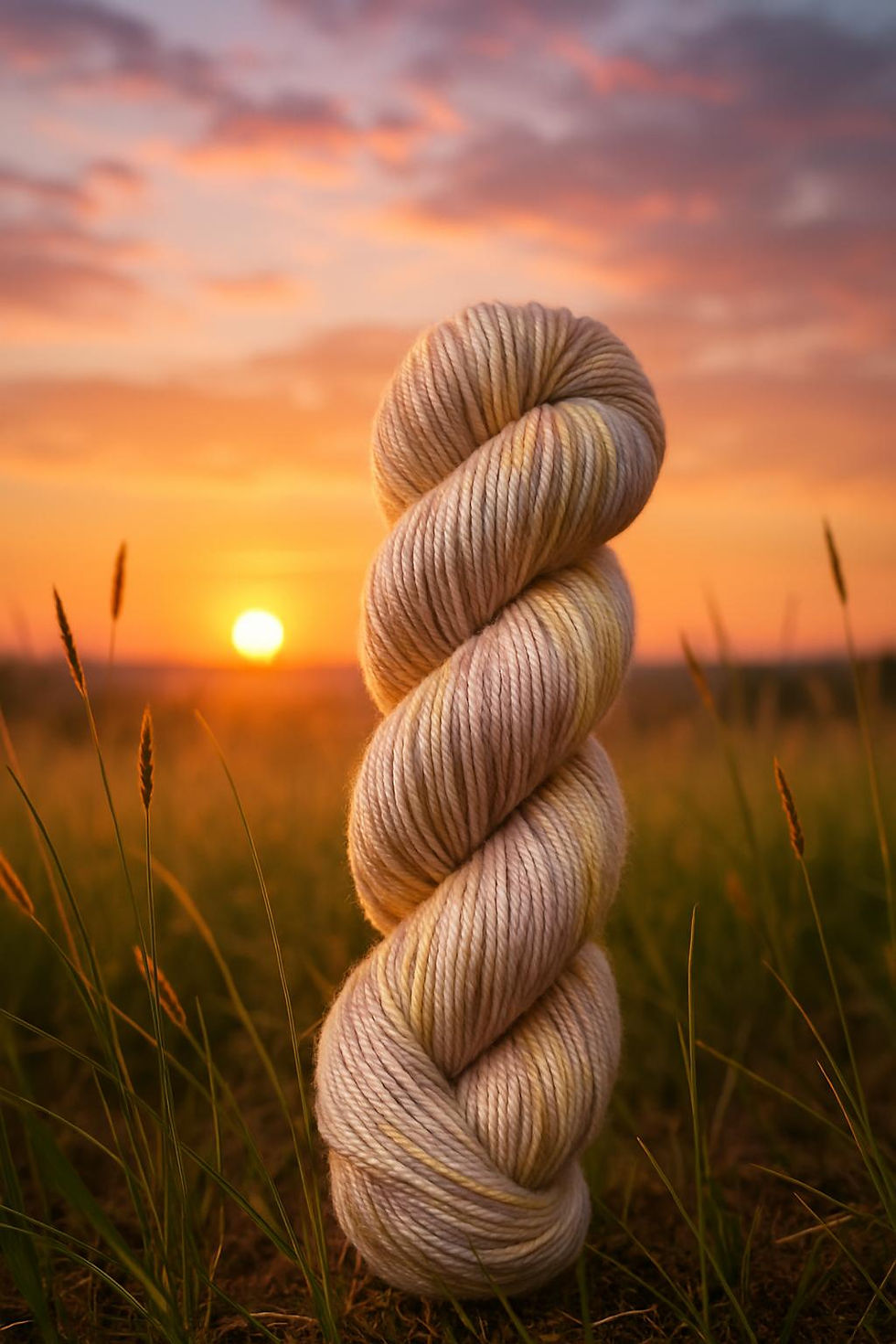Thumbnail: Skein of variegated yarn with golds, pinks, purples, and gray with a sunrise background