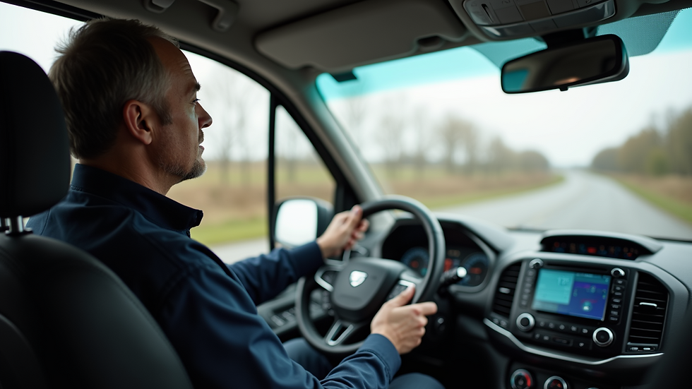 Close-up view of a driving instructor explaining vehicle controls inside a coach