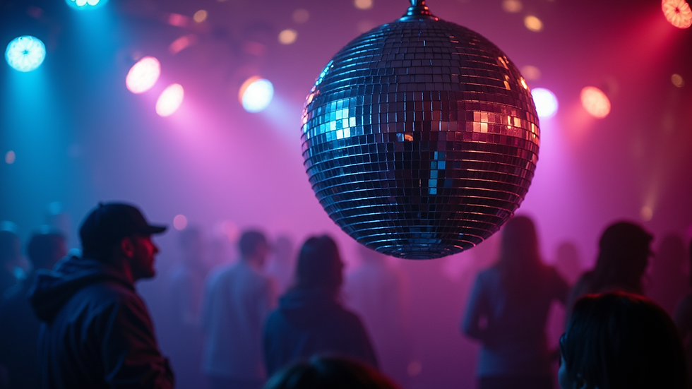 Eye-level view of a disco ball reflecting colorful lights