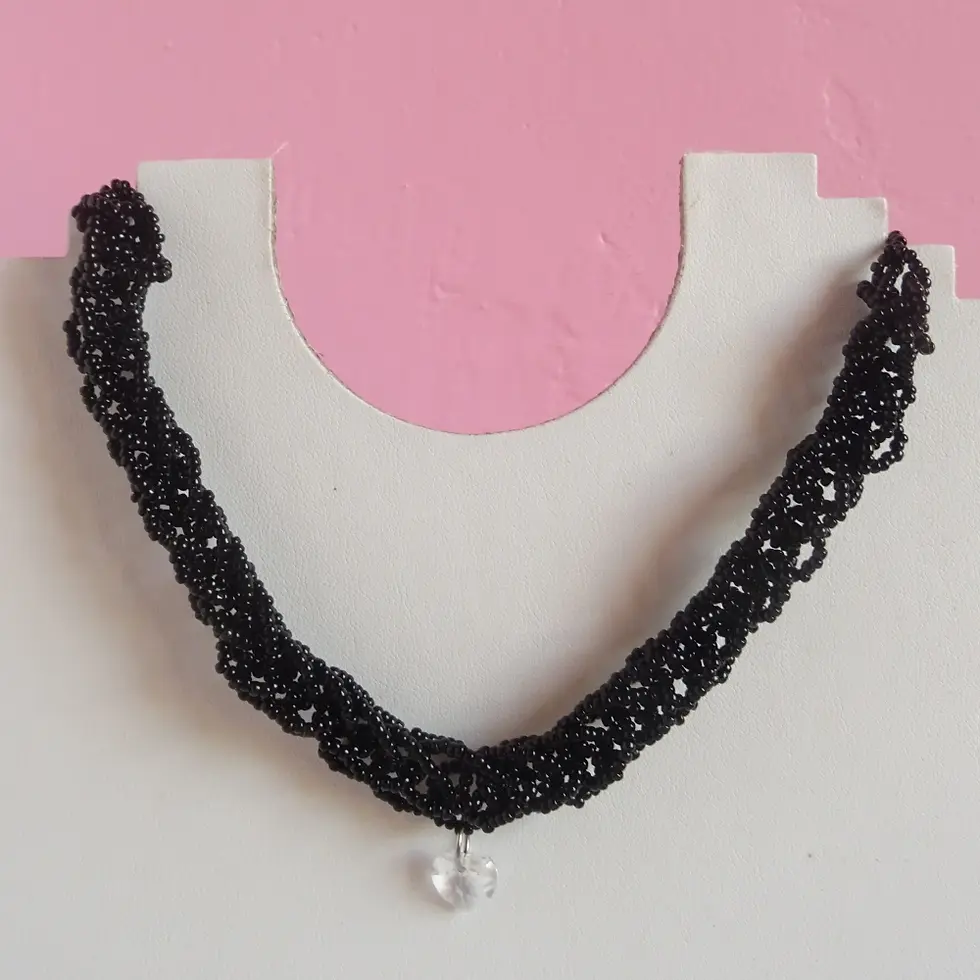 Miniature : Collier en perles de rocaille tricotées et acier inoxydable - noir