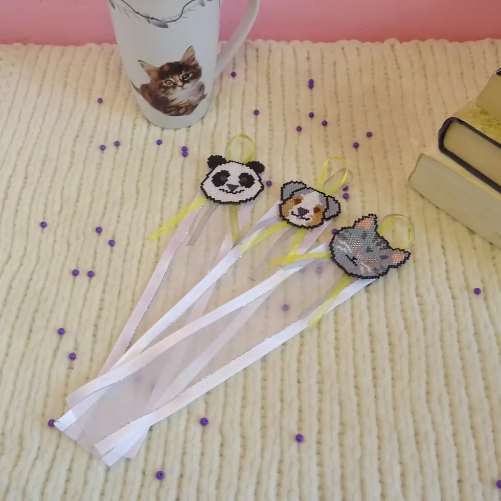 Miniature : Marque-pages animaux avec ruban – modèles chat, chien et panda en perles de rocaille tissées