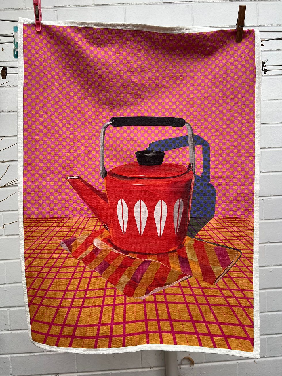 Thumbnail: Tea towel - Holm kettle on pink checks