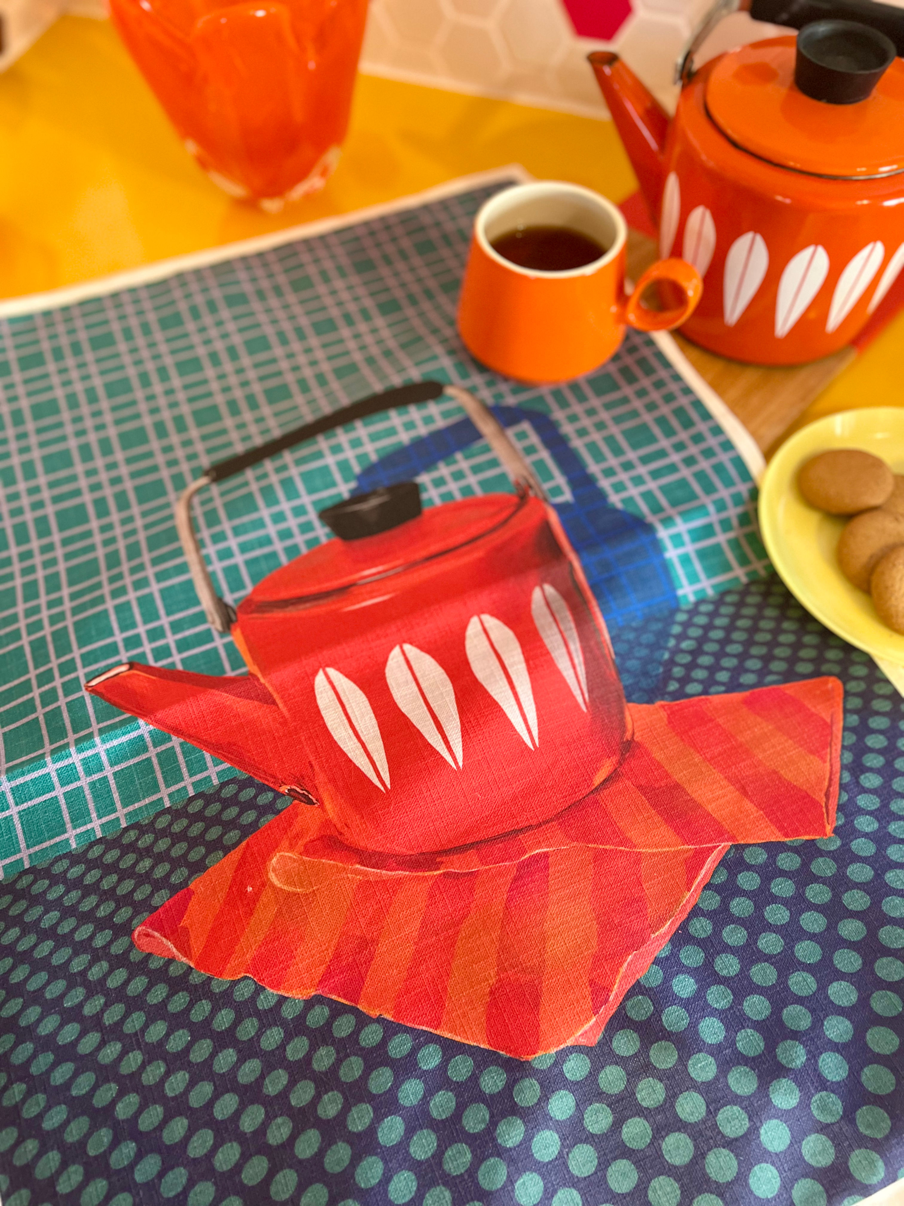 Tea towel - Holm kettle on dusty blue checks