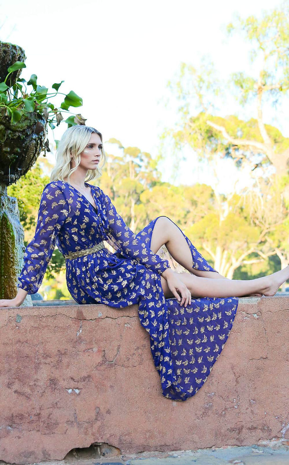 Ginkgo Leaf Button Down Maxi in Cobalt Blue + Gold
