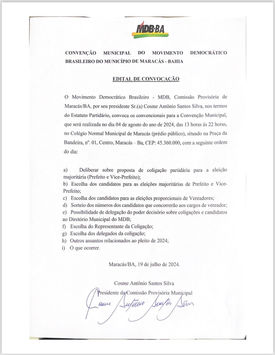 MDB lança edital de convenção partidária a ser realizada no dia 04 de agosto de 2024; entenda