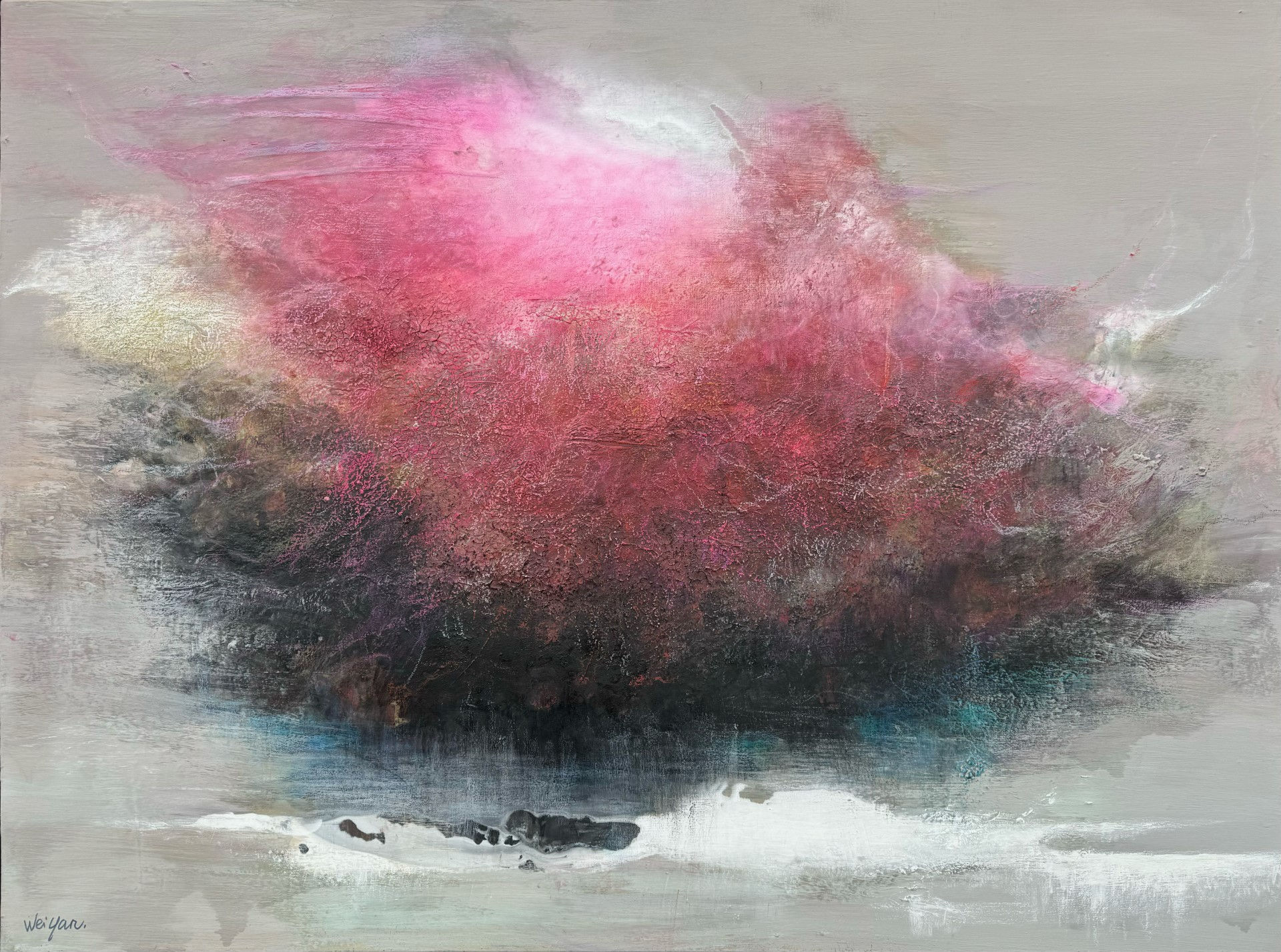 front view of abstract painting of pink cloud abstract scene with mountains in background