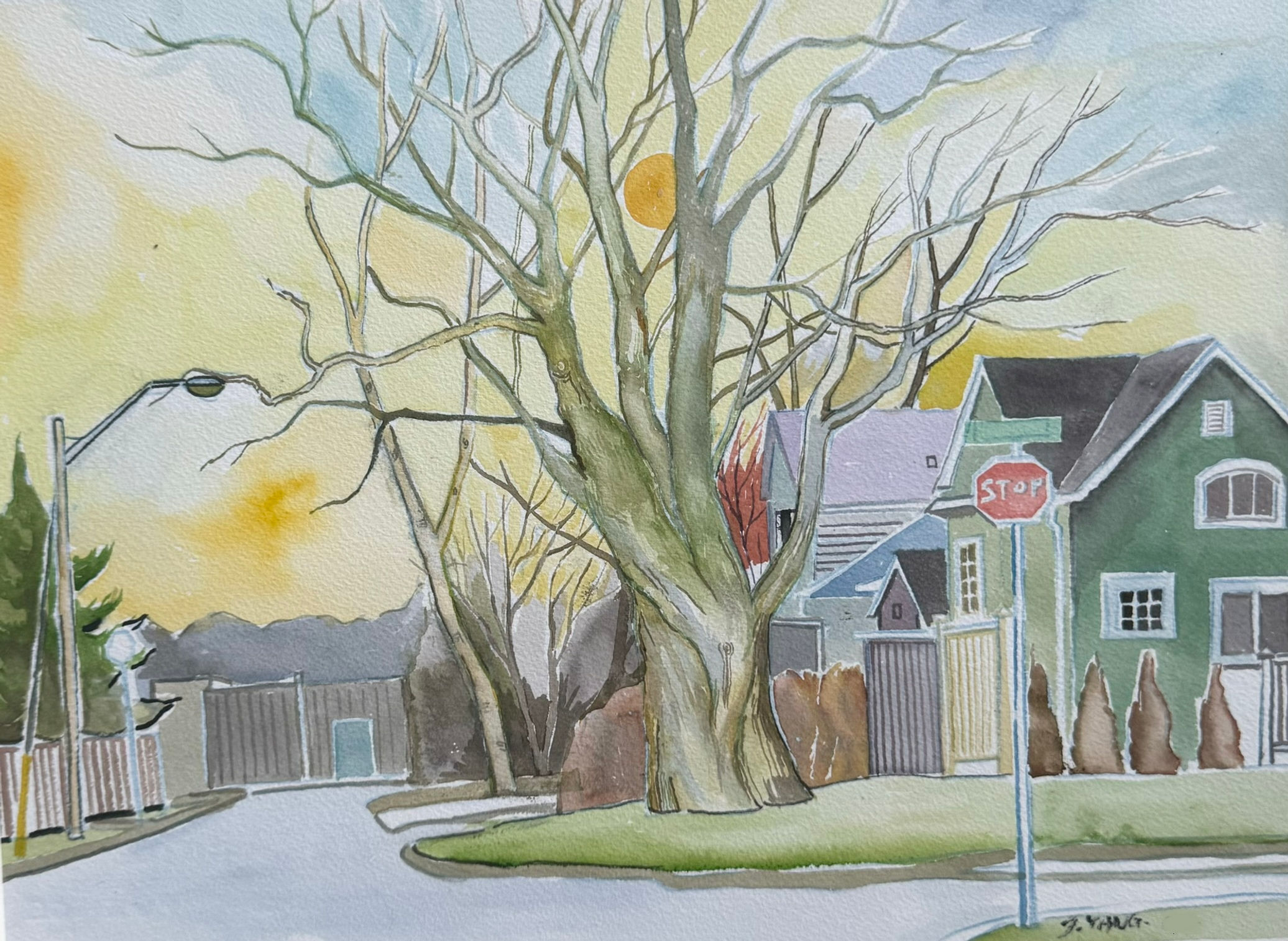 Watercolour of sunset street scene
