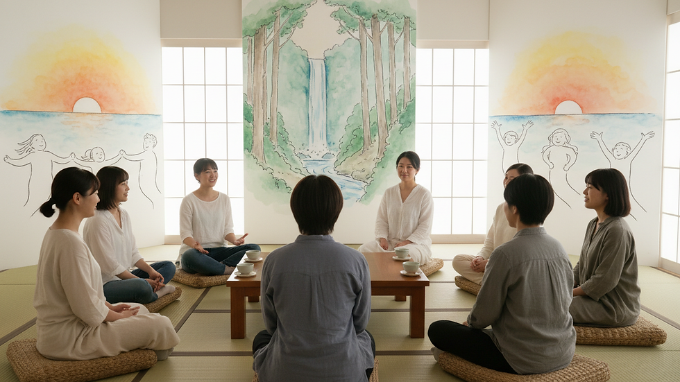 Close-up view of a calm workshop room with participants seated in a circle