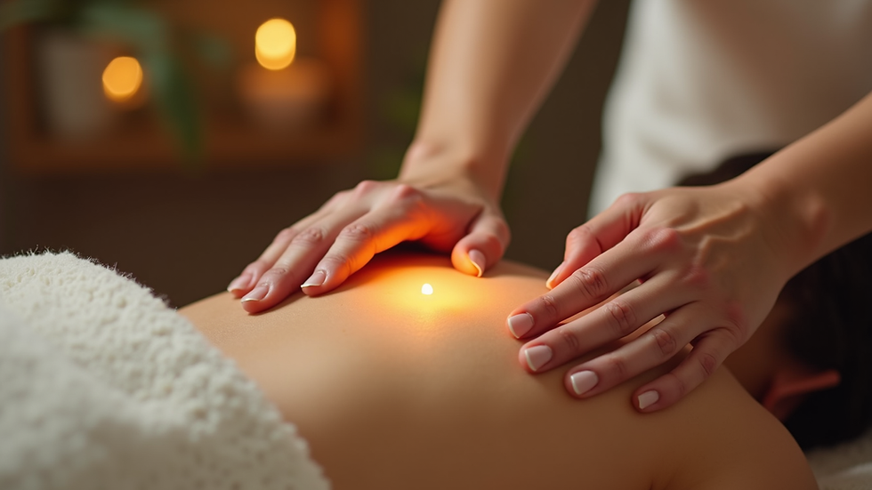Close-up view of hands gently performing Reiki energy healing on a person lying down