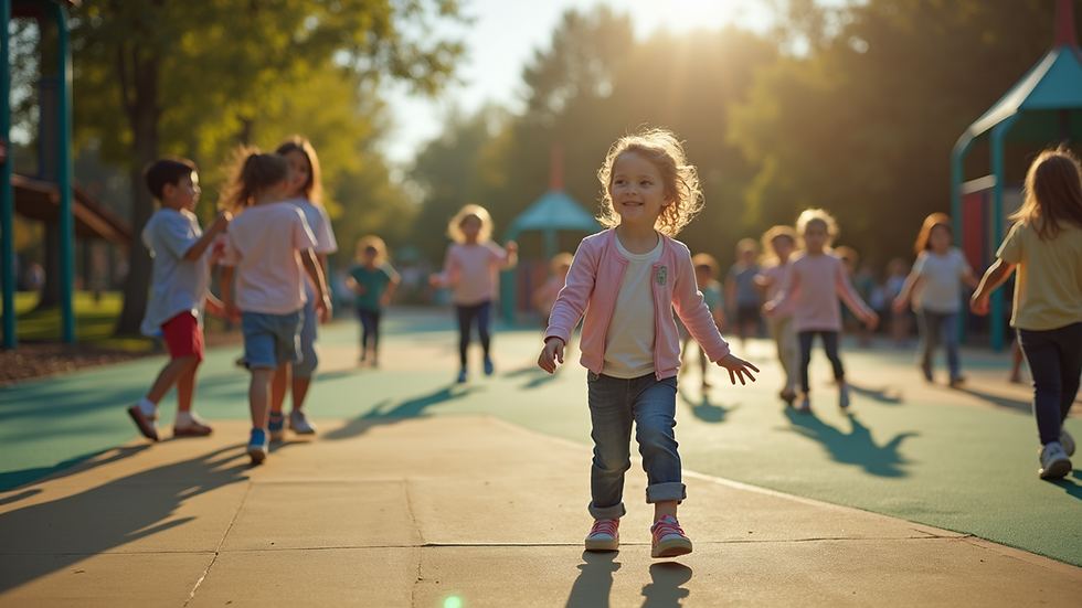 Wide angle view of a playground filled with children playing