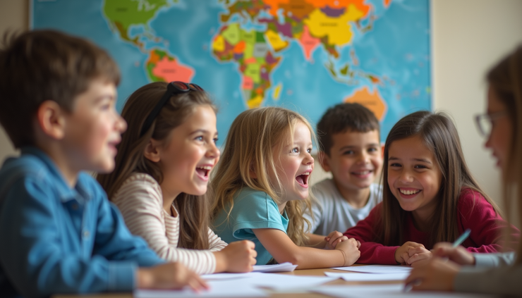 High angle view of a classroom with students engaged in a group activity focused on social-emotional learning