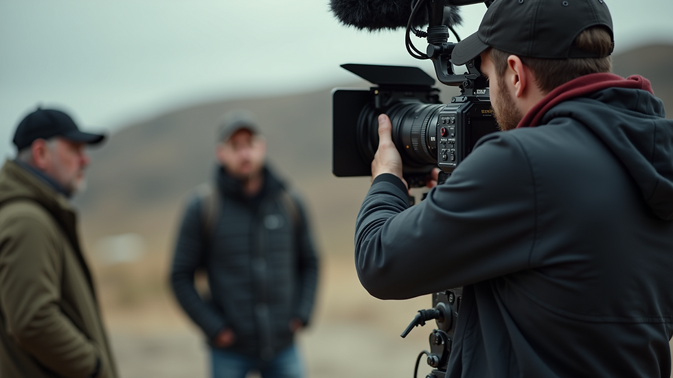 Close-up view of a camera operator filming a scene on location