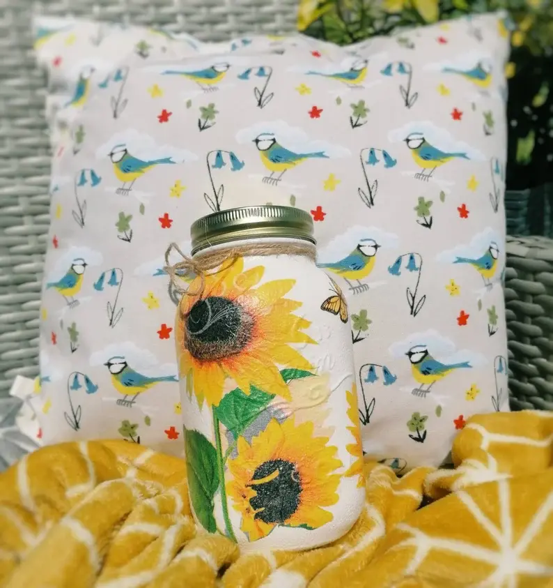 Sunflower mason jar, storage jar, decoupage, utensil holder, sunflower vase