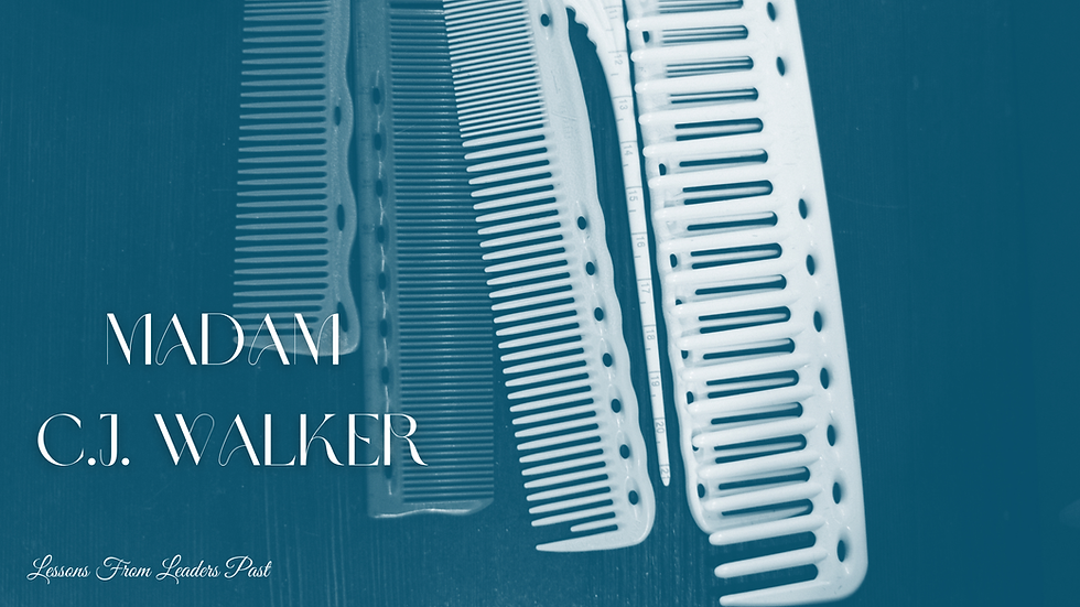 Four combs on a dark blue background. Text: "Madam C.J. Walker" and "Lessons From Leaders Past." Monochromatic and vintage feel.