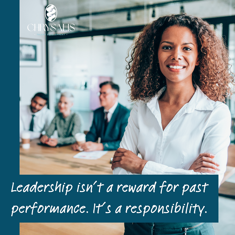 Smiling woman in white shirt stands confidently in office with seated colleagues. Text reads: "Leadership isn’t a reward...responsibility."