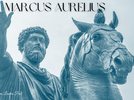 Statue of Marcus Aurelius on horseback, arm raised, blue tint. Text: Marcus Aurelius, Lessons From Leaders Past. Calm and dignified.