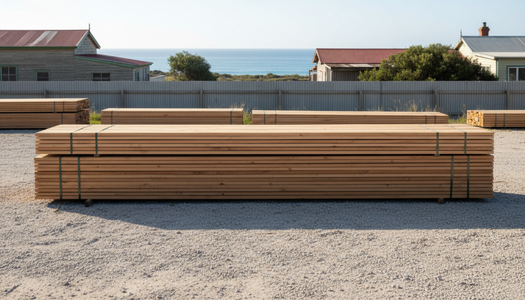 Wide-angle view of stacked timber boards in a local hardware yard.
