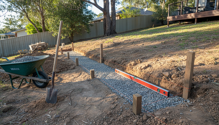 Wide-angle view of a backyard slope prepared for a new retaining wall.