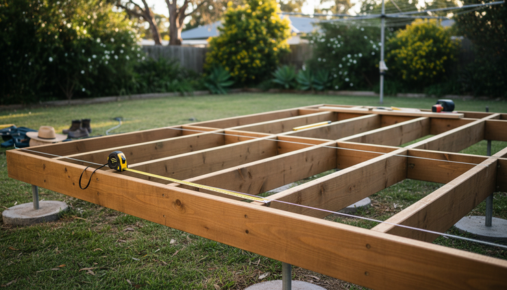 Wide-angle view of a timber deck frame being built in a sunny Australian backyard