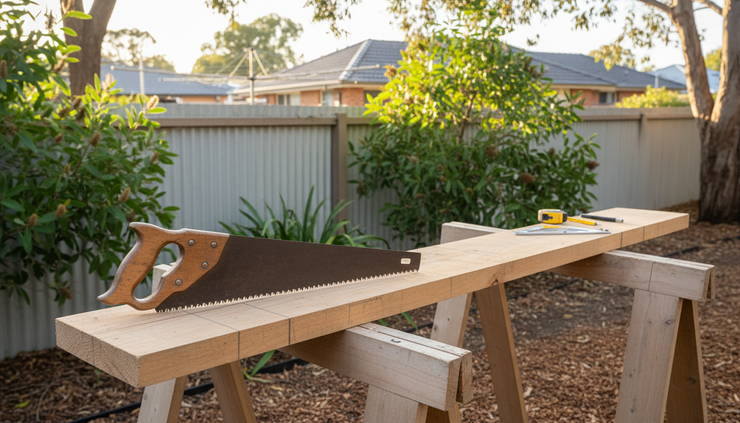 Eye-level view of a handsaw resting beside marked timber on sawhorses.