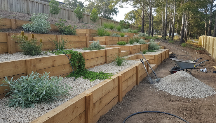 Side view of a stepped retaining wall following a gentle garden slope.