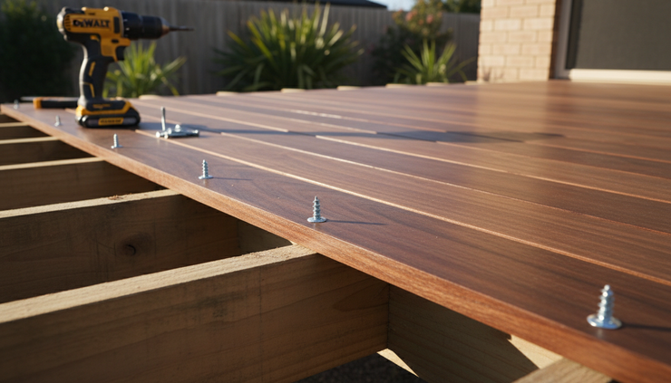 Close-up view of stainless steel deck screws fixing hardwood boards to timber joists