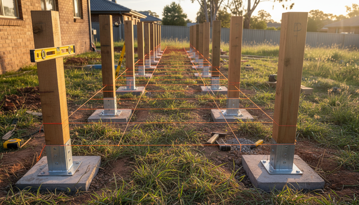 Eye-level view of concrete footings and timber posts set out with string lines for a backyard deck