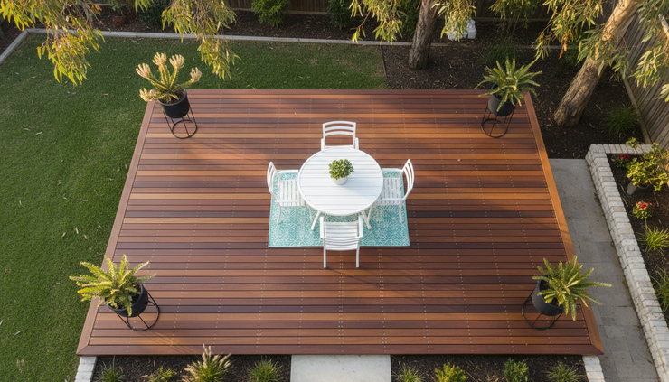 Overhead view of a finished outdoor deck with simple furniture and clear gaps between timber boards