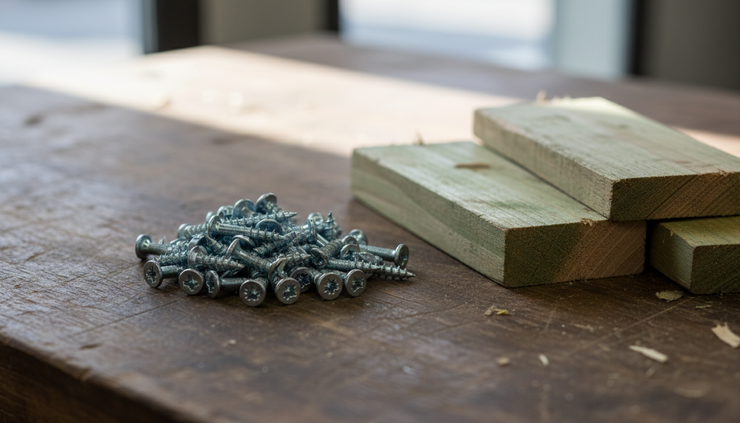 Close-up view of stainless screws beside treated pine offcuts.