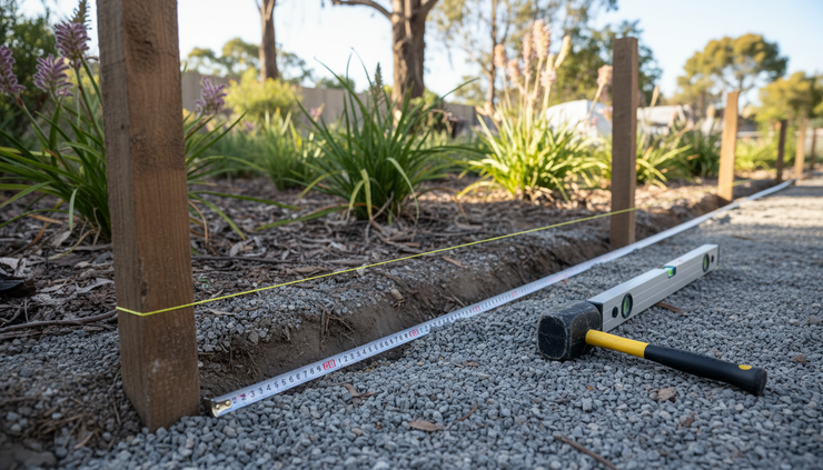 Eye-level view of a string line marking the face of a retaining wall trench.