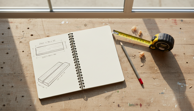 Overhead view of a notebook with timber measurements beside a tape measure.