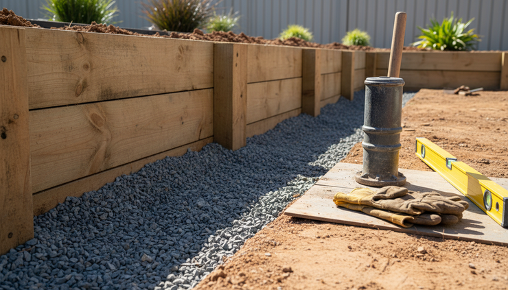 Close-up view of compacted gravel behind a partially built retaining wall.