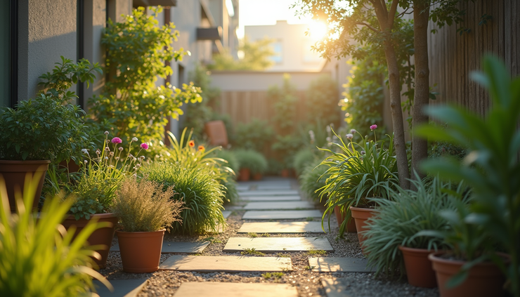 Eye-level view of a small urban garden with thriving plants and natural sunlight