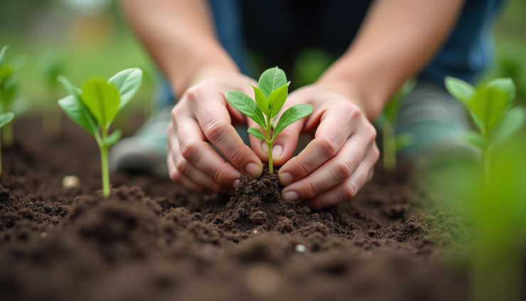 Close-up view of hands planting seedlings in soil during a community gardening event