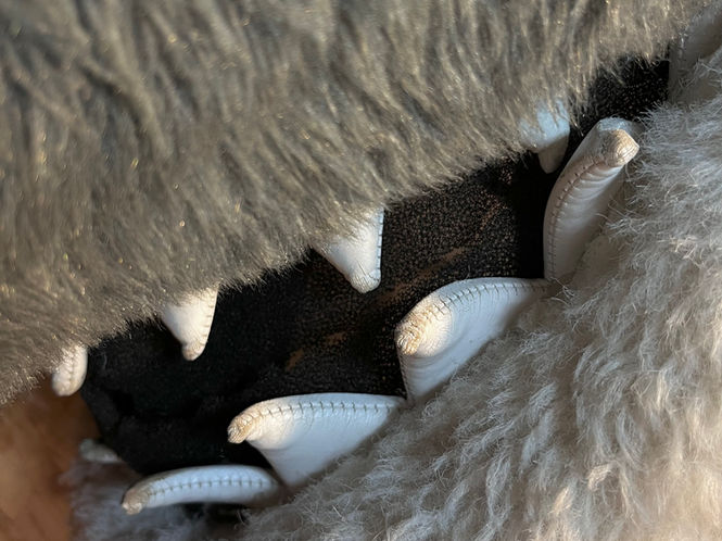 Close-up showing damaged teeth and flattened fabric on Sid the Shark’s jaw.