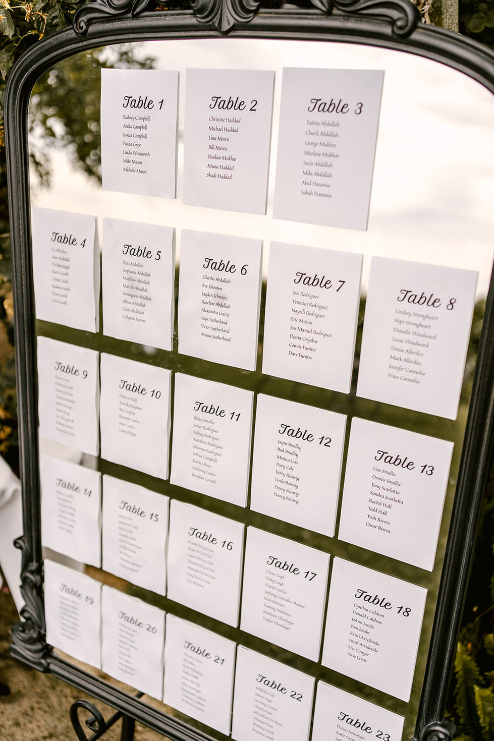 a display of seating cards for a wedding including tables 4 5 6 7 8 9 10 11 12 13 14 15 16 17 18