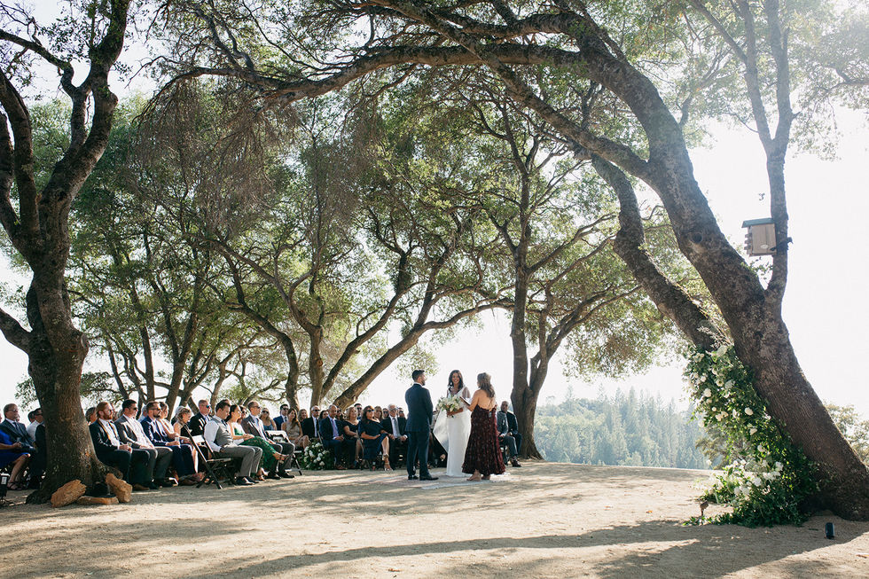 a bride and groom are getting married under a tree