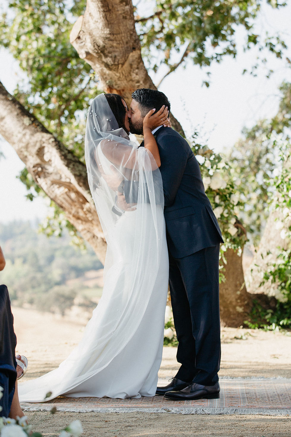 a bride and groom kissing under a tree on their wedding day