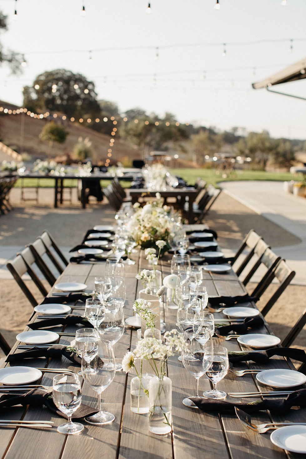 a long table with plates glasses and flowers on it