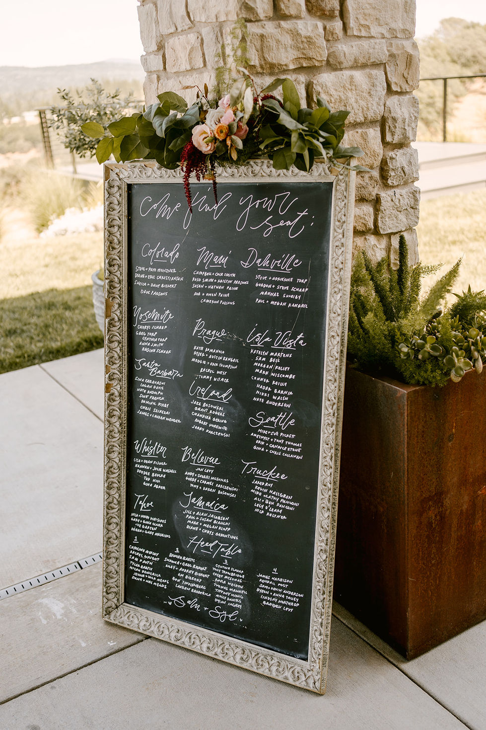 a chalkboard with the words come find your seat written on it