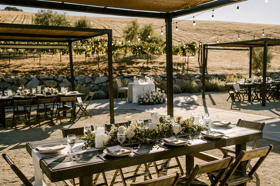 a table with plates glasses and candles on it