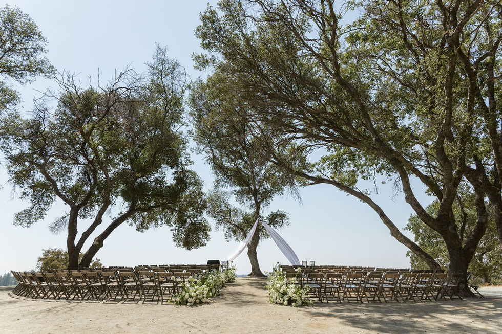 a row of wooden folding chairs are lined up under trees