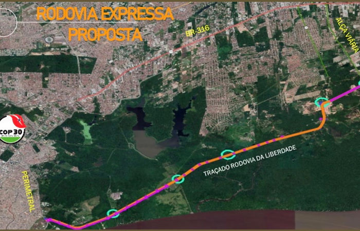 Imagem de satélite da cidade de Belém (PA) mostrando o traçado proposto da Rodovia Expressa, denominado “Rodovia da Liberdade”, em linhas laranja e rosa. O percurso liga a Perimetral (à esquerda) à Alça Viária (à direita), cruzando áreas urbanas e de vegetação.