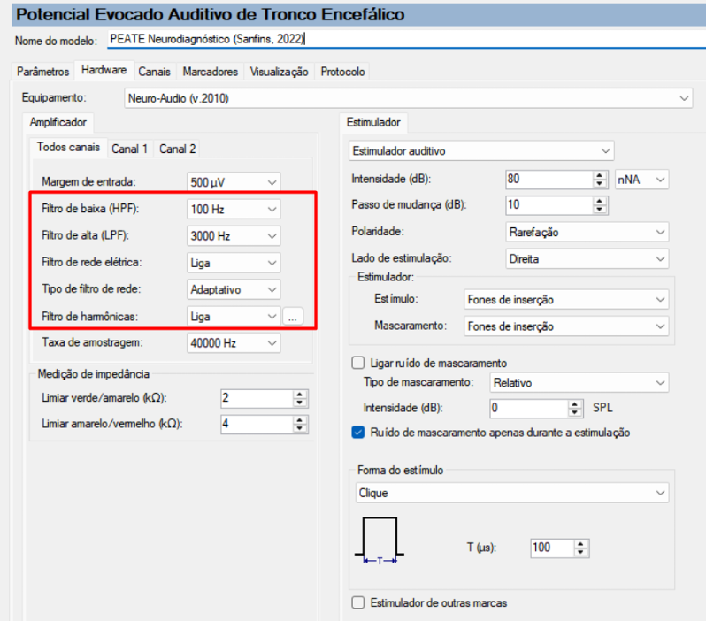 Figura 3: Exemplo de filtros digitais no Neuro-Audio.NET que podem ser configurados para a adequada captação dos potenciais evocados auditivos.