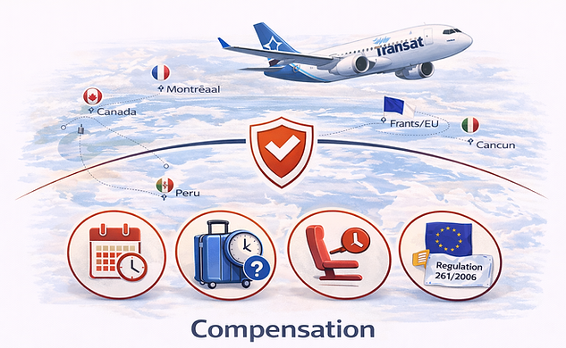 Air Transat airplane flying above a global route map with icons for delays, baggage issues, seating, and international passenger rights, representing compensation
