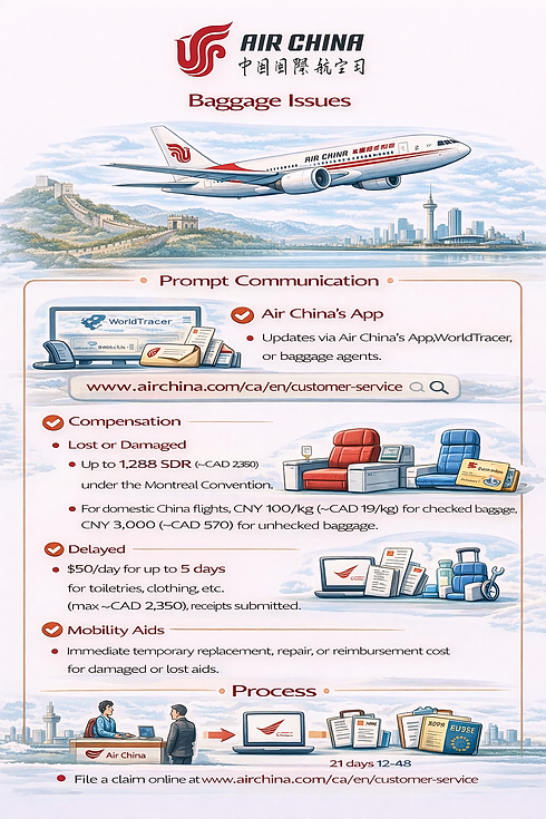 Air China baggage issues with icons for lost, delayed, and damaged luggage, compensation, claim steps, and exclusions